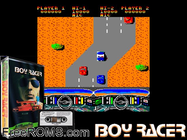 Boy Racer (UK) (1987) [a1] Amstrad CPC game showing 3D box cover and gameplay screenshot